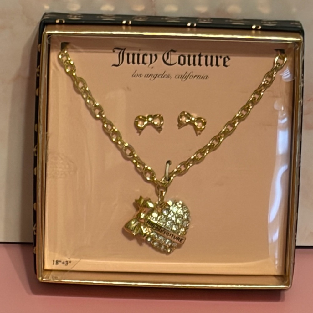 Juicy Couture Gold and Rhinestone Heart Necklace with Bow Earrings Set